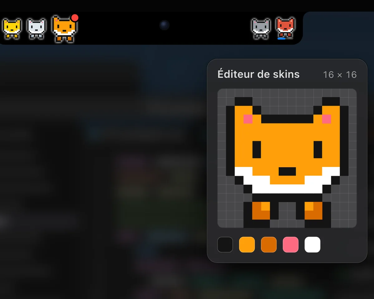 L’éditeur de skins : un renard dessiné pixel par pixel, et des renards de toutes les couleurs à la place des personnages dans l’encoche.