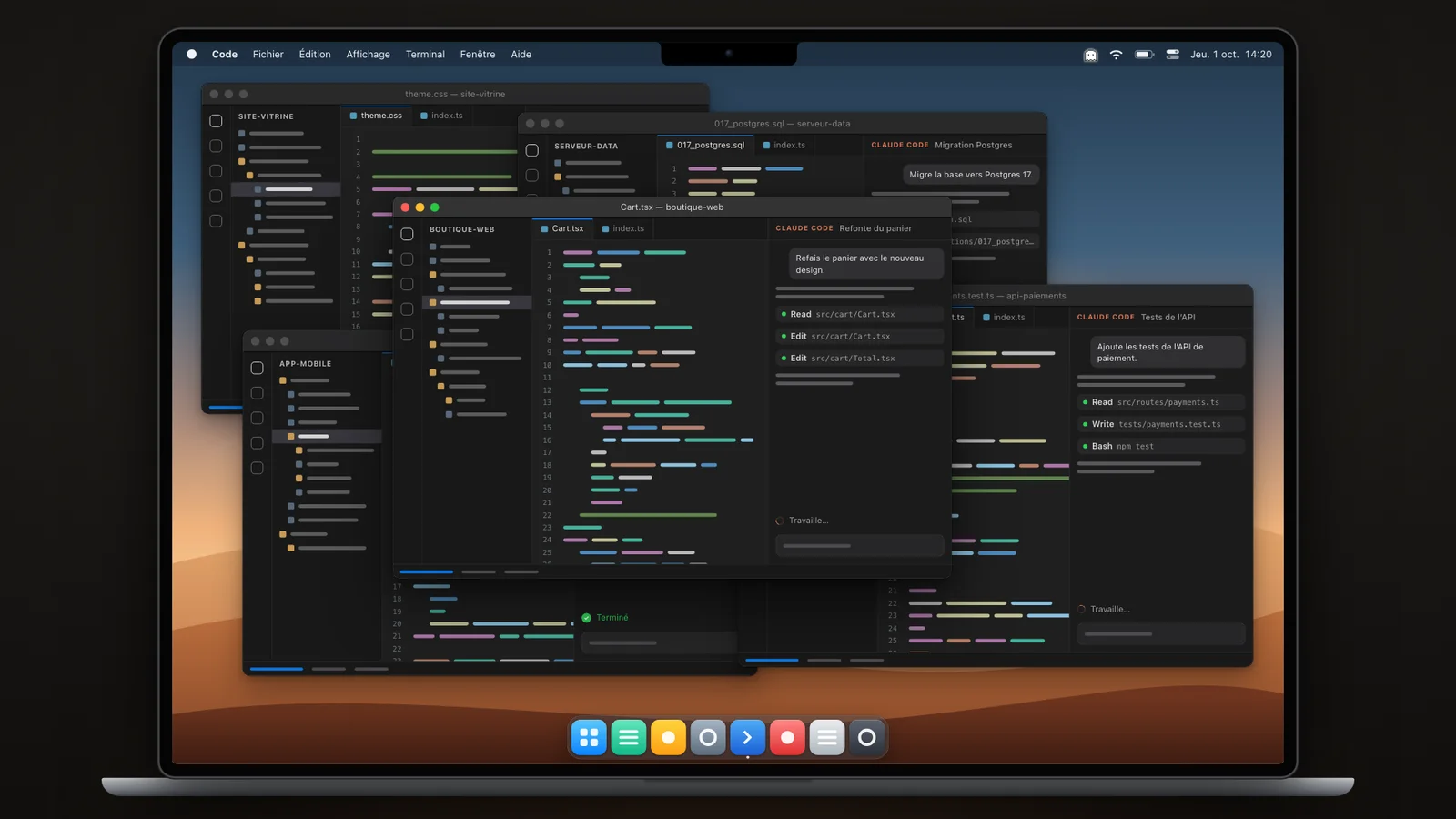 Un Mac avec cinq fenêtres VS Code qui se chevauchent, chacune avec sa discussion Claude Code.