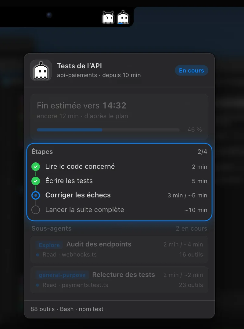 Le panneau de progression : fin estimée vers 14:32, les étapes du plan cochées une à une, deux sous-agents au travail.