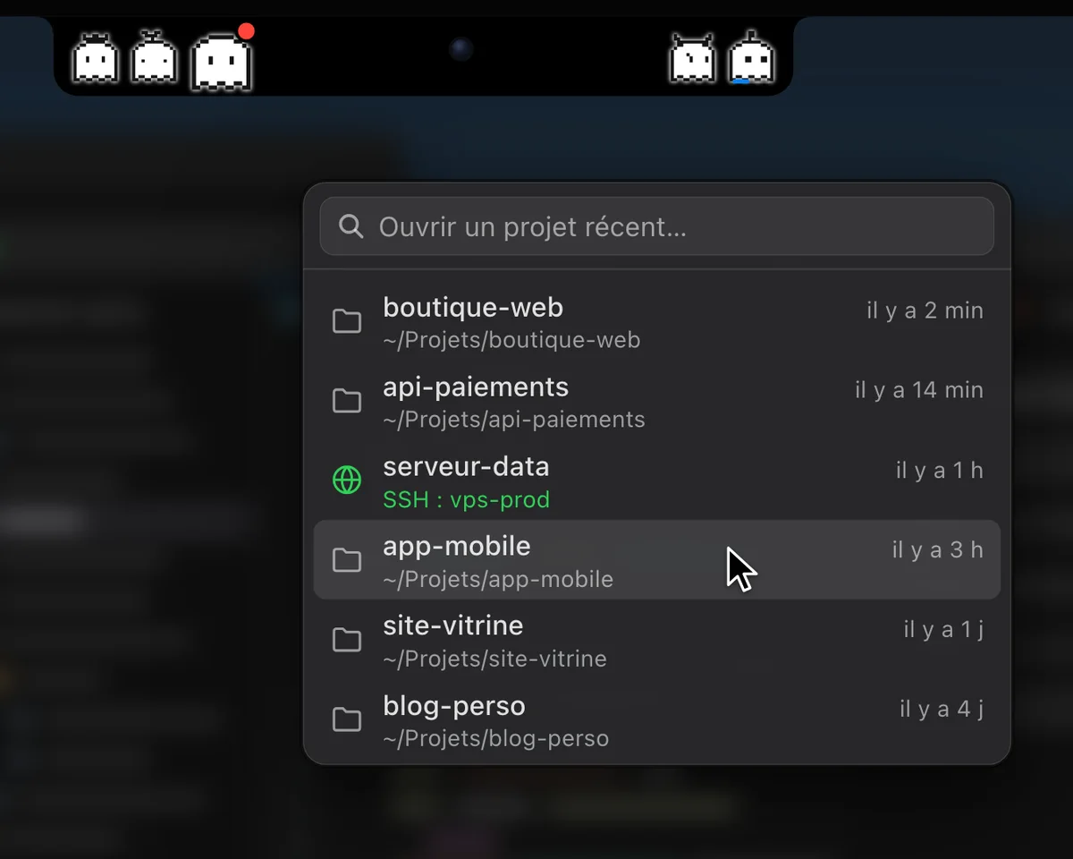 Sous l’encoche, la liste des projets récents : des dossiers locaux et un serveur en SSH.